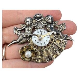 Vintage Cherubs with Clock Brooch Pin